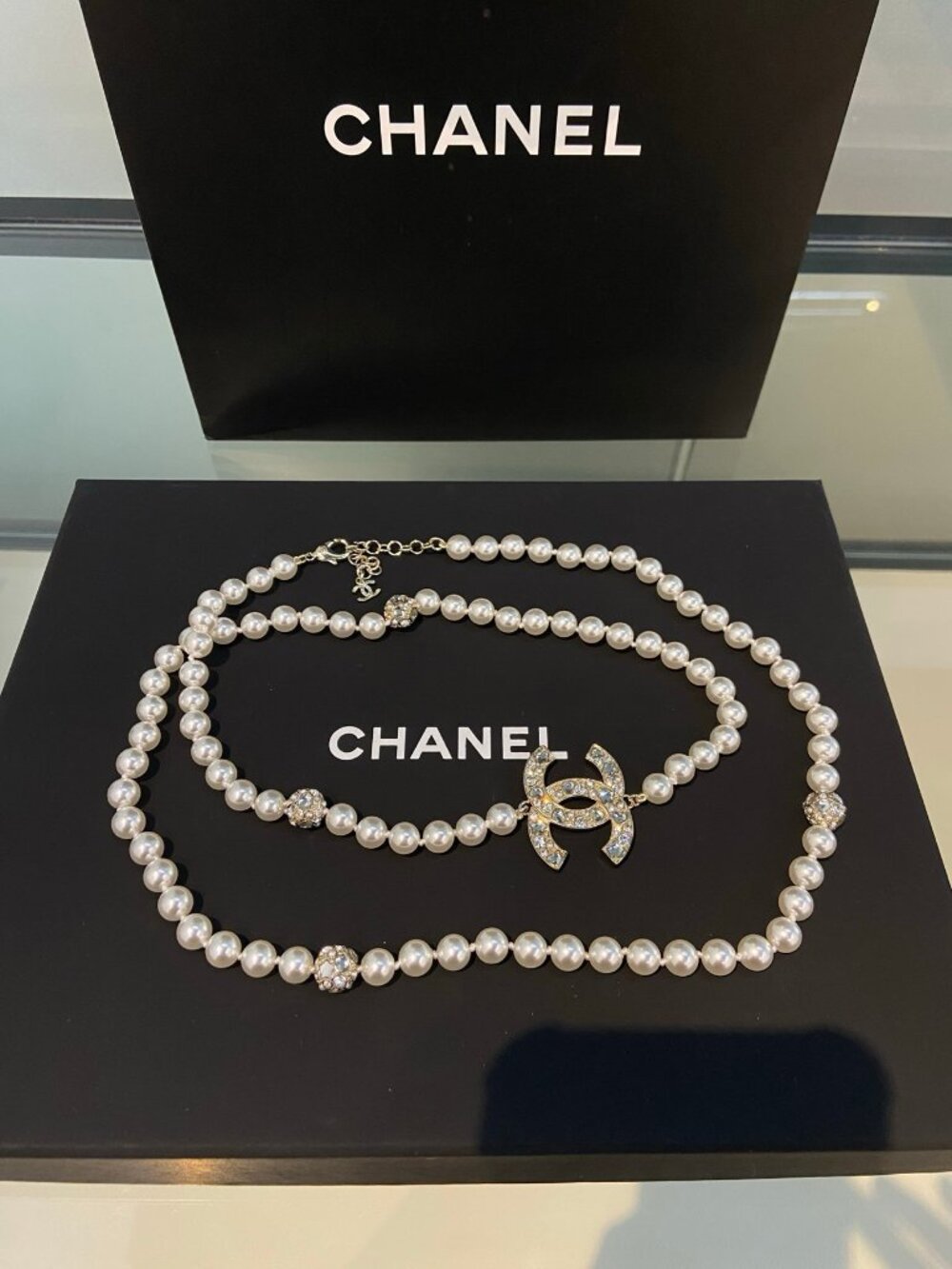 Chanel Pearl Long Necklace with Pavé Crystal CC Station